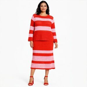 Scoop Crochet Knit Sweater Skirt Set Red Pink Stripe XL Coquette